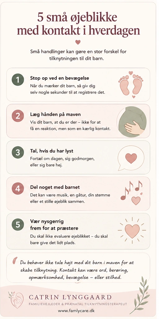 Infografik med fem små øjeblikke med kontakt til baby i maven i hverdagen