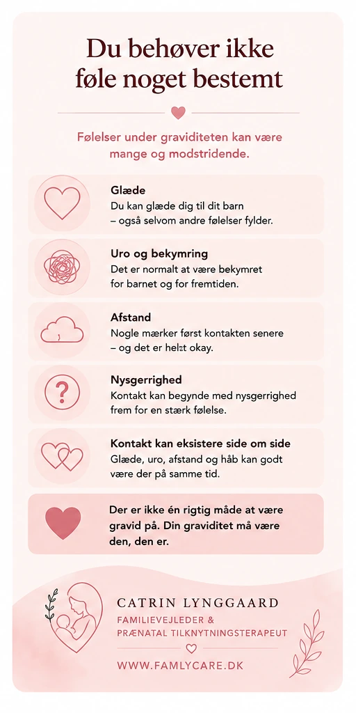 Du behøver ikke føle noget bestemt under graviditeten. Glæde, uro, afstand og nysgerrighed kan eksistere side om side.