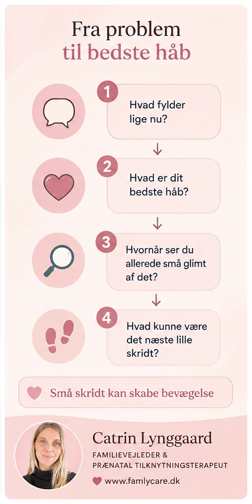Infografik om den løsningsfokuserede vej fra problem til bedste håb og små skridt