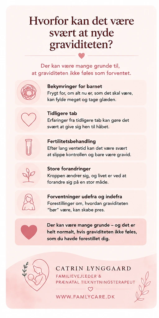 Hvorfor kan det være svært at nyde graviditeten? Bekymringer, tidligere tab, fertilitetsbehandling, store forandringer og forventninger kan påvirke oplevelsen af graviditeten.