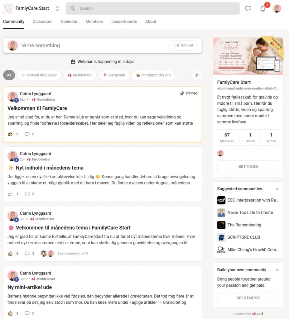 Skærmbillede af FamlyCare Starts community-feed på Skool