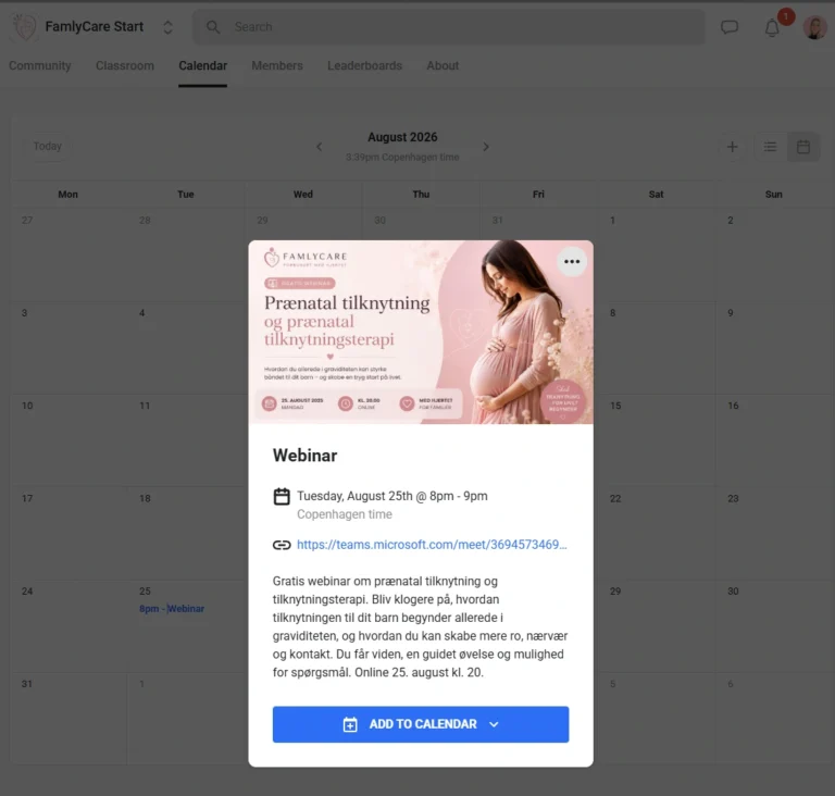 Skærmbillede af kalender og webinarer i FamlyCare Start