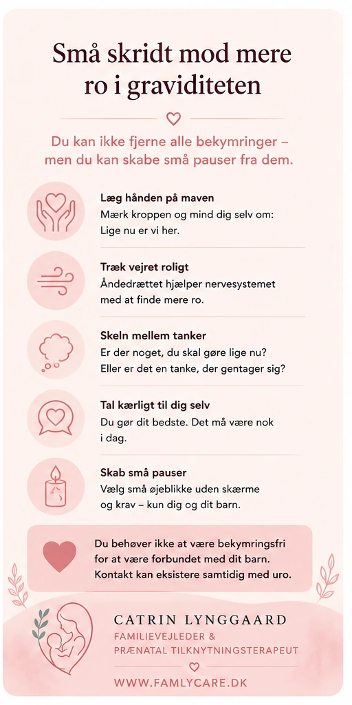 Infografik med små skridt mod mere ro, når bekymringer fylder under graviditeten