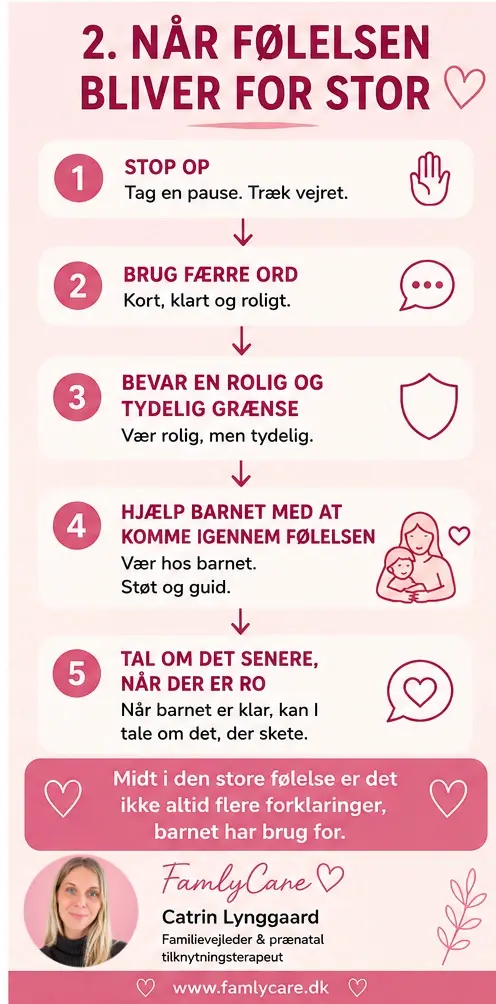 Infografik trin 2: Når følelsen bliver for stor – hjælp barnet med ro og få ord frem for lange forklaringer
