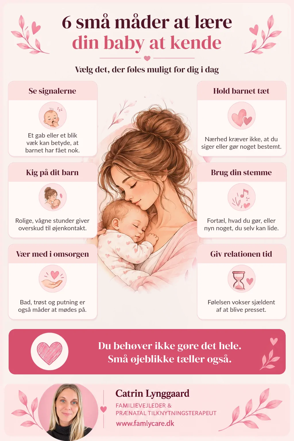 Infografik med seks små måder at lære din baby at kende, fx at lægge mærke til signalerne og holde barnet tæt